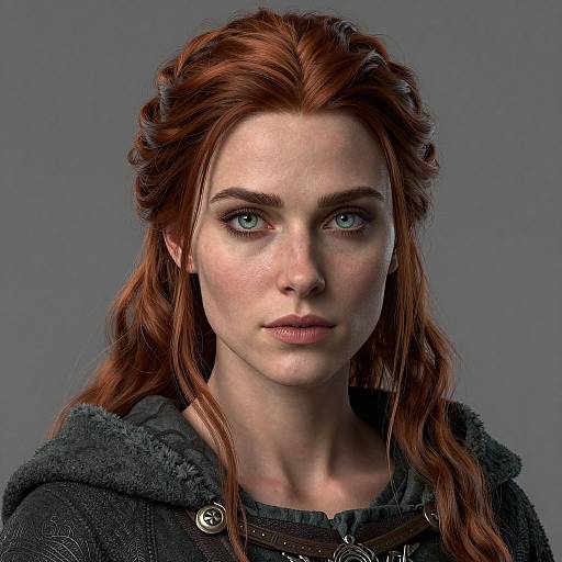 Digital portrait of a red-haired woman with blue eyes, freckles, and braided hair, wearing a dark, textured hoodie, against a gray
