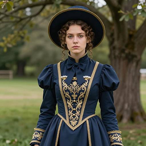 Young Woman in Victorian Navy Blue Dress Outdoors