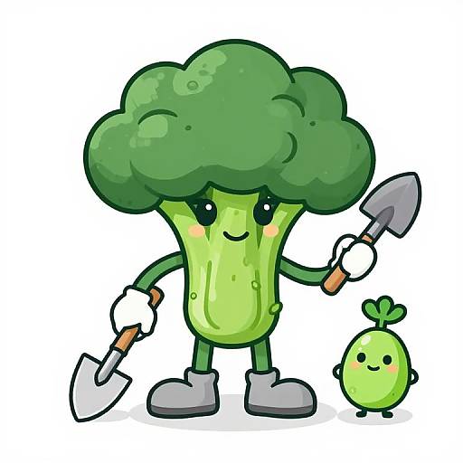 Cartoon broccoli character with green head, smiling face, white-gloved hands, gray boots, holding shovel, small green plant by side, white