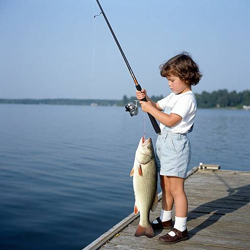 Photograph of a young boy with curly brown hair, wearing a white shirt, light blue shorts, and brown shoes, fishing on a wooden dock,
