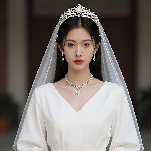 Photograph of an Asian woman with fair skin, wearing a white wedding dress, silver tiara, veil, and necklace, with red lipstick, looking