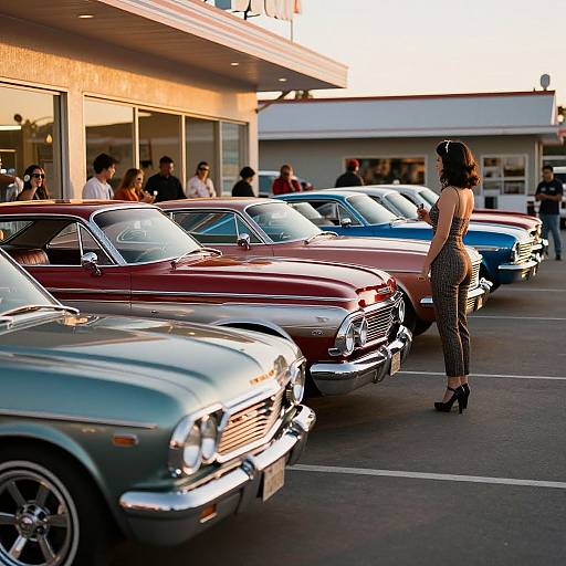 Photograph of a woman in a black dress and high heels admiring a row of vintage, colorful cars parked outside a modern building.
