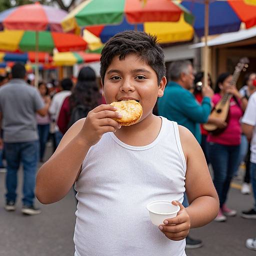 Obese Mexican Kid Enjoying Festival Food