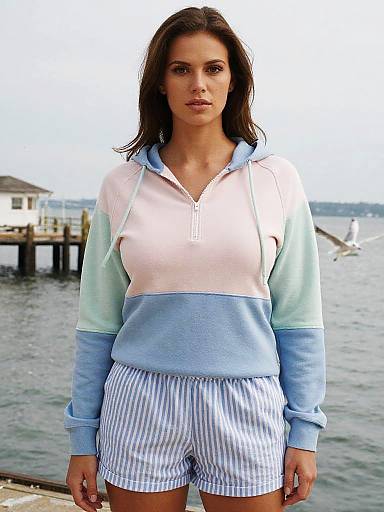 Photograph of a young woman with dark hair, wearing a pastel two-tone hoodie and blue-striped shorts, standing by a waterfront with a white house
