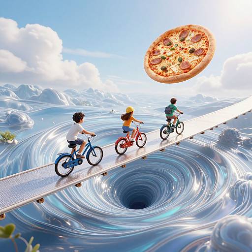 Children riding bicycles on a narrow wooden bridge above a swirling blue whirlpool, with a floating pizza in the bright sky.