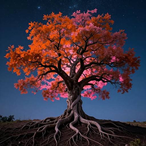 Photograph of a vibrant tree with glowing orange-red leaves, intricate roots, and a starry night sky background.
