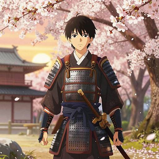 Anime-style illustration of a serious young samurai with black hair, wearing armor, standing under cherry blossom trees with a sunset background.
