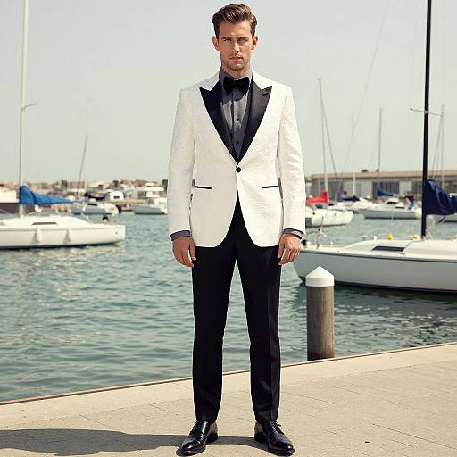 Photograph of a handsome man in a white tuxedo with black lapels, black bow tie, and black pants, standing on a marina