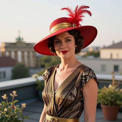 Photograph of a fair-skinned woman with red lipstick, wearing a beaded, gold and black dress, and a red hat with a red feather