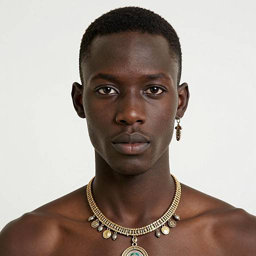 Photograph of a shirtless, dark-skinned, muscular African man with short hair, wearing a gold necklace with dangling coins, and a single e