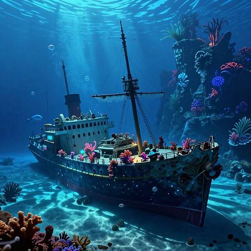 Surreal Underwater Dreamscape with Sunken Ship