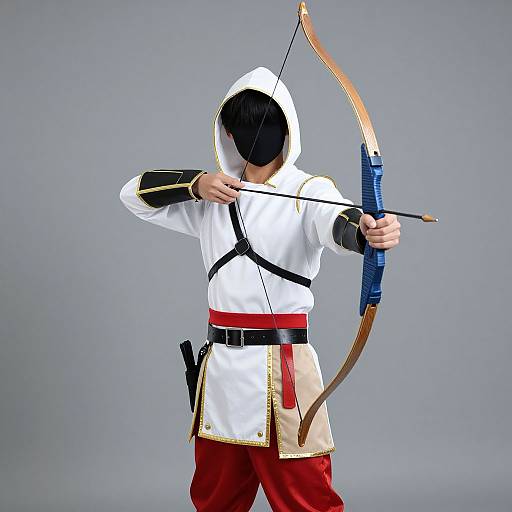 Photograph of a person in white hooded outfit with black harness, red pants, and blue bow, drawing an arrow against a gray background.