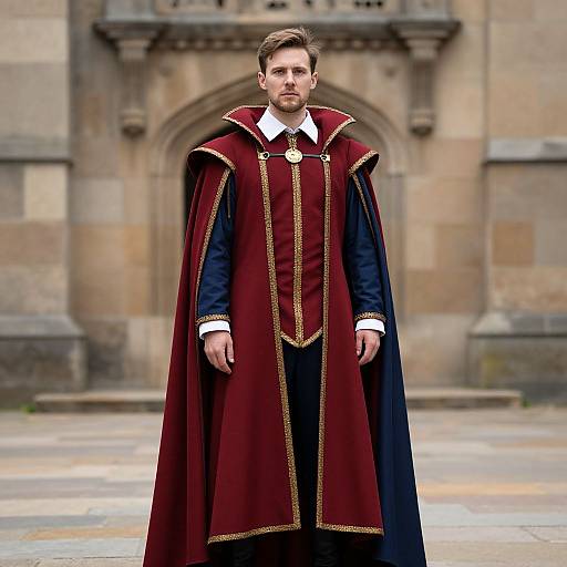 Photograph of a young man with short brown hair, wearing a medieval-style maroon and gold-trimmed cape and vest, standing in front of