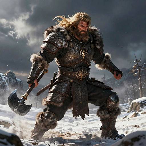 Digital artwork of a fierce, bearded Viking warrior with long blond hair, wearing fur-trimmed dark armor, wielding an axe in snowy landscape under
