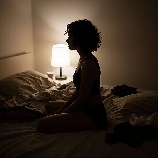Silhouetted woman with curly hair, sitting on bed, wearing lingerie, under soft, glowing lamp light in dimly lit room.