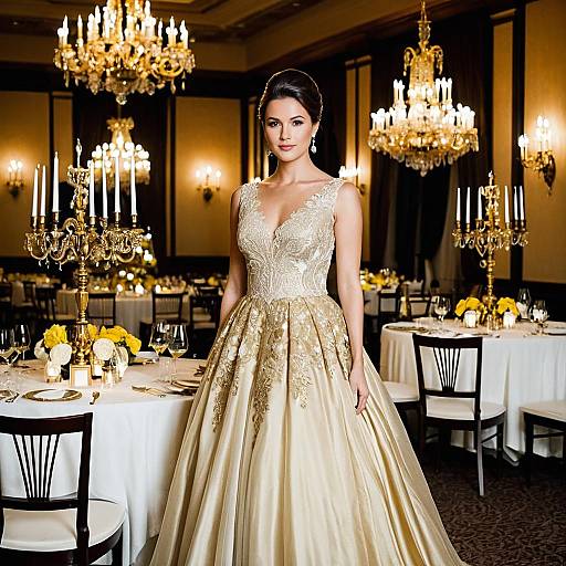 Elegant Woman in Gold Evening Gown at Ballroom Dinner