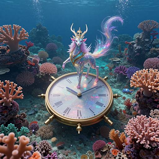 Mythical Creature on Floating Clock in Underwater Coral Reef