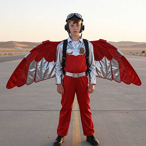 Photograph of a young boy in a red jumpsuit, silver shirt, and red wings with silver undersides, standing on an empty desert road at