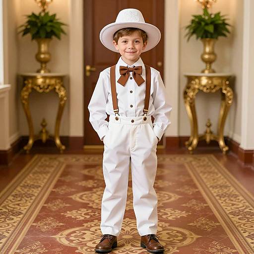 Young Boy in Vintage Outfit Standing in Ornate Hallway