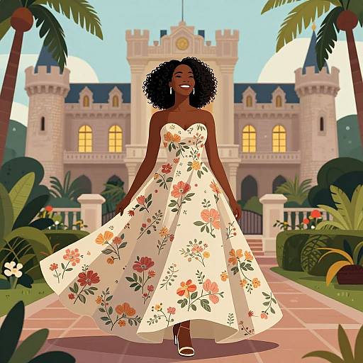 Digital illustration of a smiling Black woman with curly hair in a floral strapless dress, standing in front of a castle with palm trees and a garden path