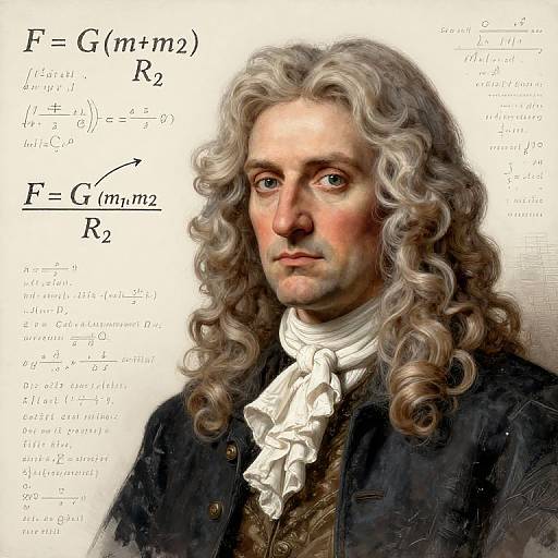 Digital painting of 18th-century mathematician with long, curly gray hair, white cravat, and dark coat, surrounded by mathematical equations.