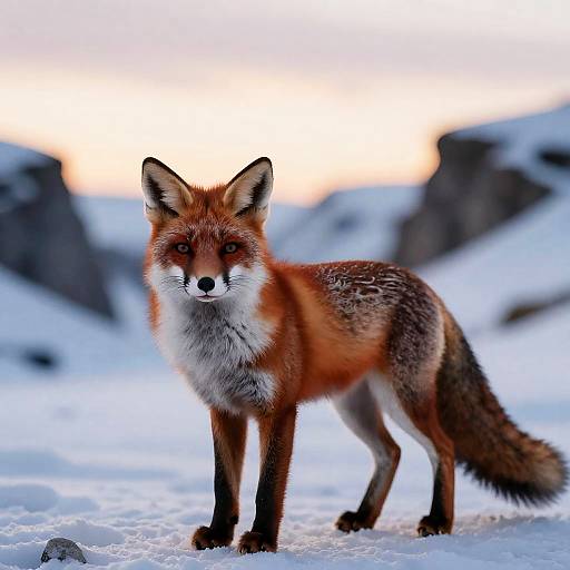 Crimson Fox on Snowy Sunset Cliffs