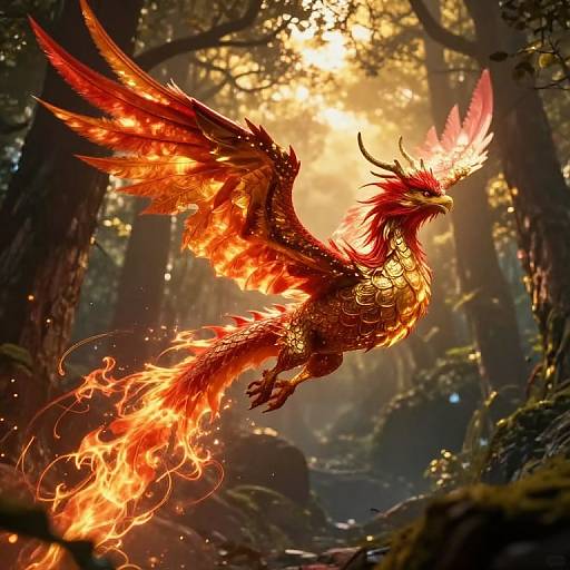 Digital fantasy artwork of a fiery red phoenix with glowing wings and tail, soaring through a sunlit, enchanted forest.