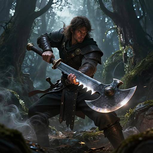 Digital fantasy artwork of a fierce, muscular warrior with wild hair, wielding a glowing, double-edged sword in a dark, misty forest.