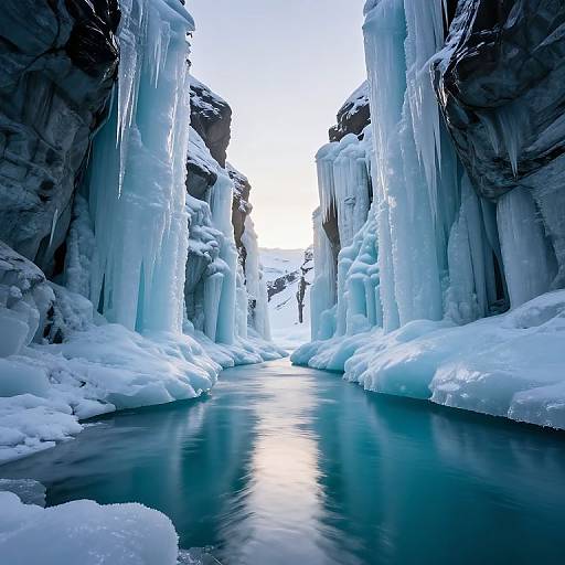 Photograph of a narrow icy canyon with towering blue ice formations, large icicles hanging down, and a calm, reflective icy stream in the center.