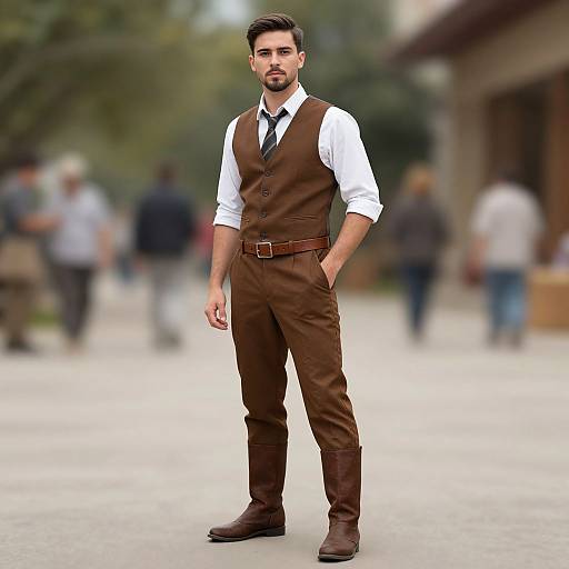 Photograph of a handsome man with short brown hair, beard, and white shirt, wearing a brown vest, pants, and belt, standing confidently outdoors