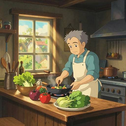 Elderly Man Cooking in Cozy Studio Ghibli Kitchen