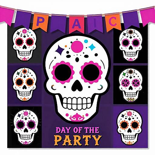 Vibrant digital illustration of sugar skulls with pink, blue, and black patterns, surrounded by 