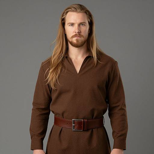 Photograph of a Caucasian man with long, straight blonde hair, beard, wearing a brown long-sleeve shirt, belted at the waist,