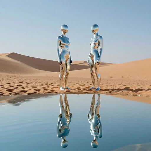 CGI image of two blue, humanoid, mirror-like figures standing in a desert oasis, reflected in a calm, mirror-like water pool.