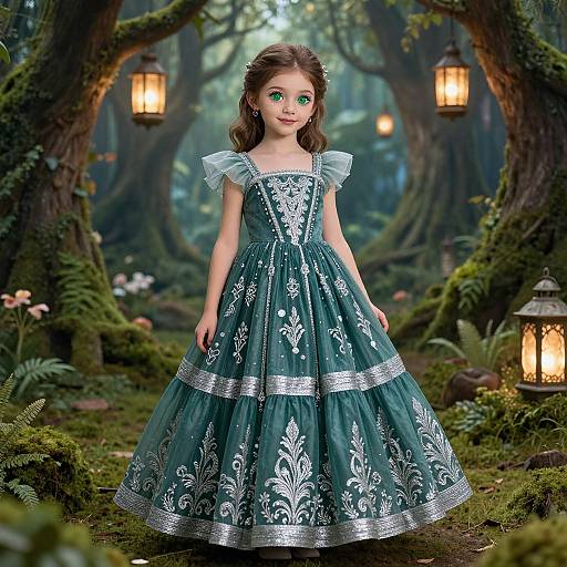 Digital artwork of a young girl with green eyes, wearing a teal, silver-embroidered dress, standing in a mystical forest with lanterns.