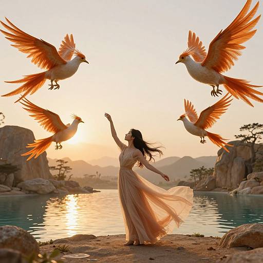 Photograph of a woman in a flowing, peach-colored dress, standing by a serene lake at sunset, with four vibrant, orange-feathered birds