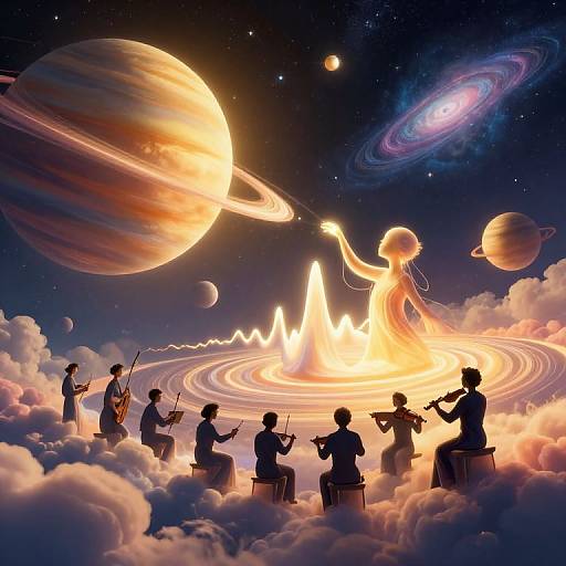 Digital artwork: Silhouetted musicians play on cloud stage, illuminated by dancing woman, under vibrant planets and galaxy, with cosmic backdrop.