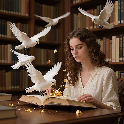Photograph of a curly-haired woman in a white blouse, surrounded by four white doves, reading an open book with floating embers in a library