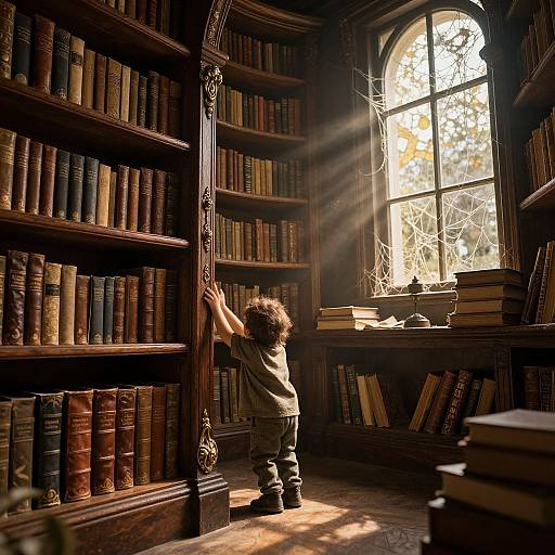 Photograph of a curly-haired toddler in a beige shirt and pants, reaching for books in a sunlit, wooden library with tall shelves, sunlight streaming