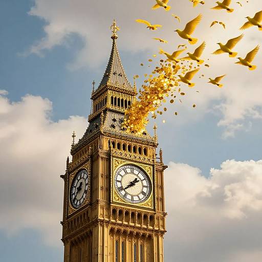 Photograph of London's Big Ben clock tower with golden autumn leaves falling, bright blue sky, and white clouds in the background.