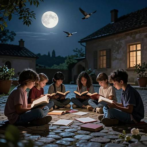 Photograph of six children sitting on a cobblestone courtyard at night, reading books under a bright full moon, with birds flying overhead and rustic houses