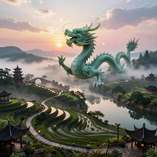 Jade Dragon Over Misty River Valley
