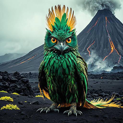 Anthropomorphic Green Feathered Creature Near Erupting Volcano
