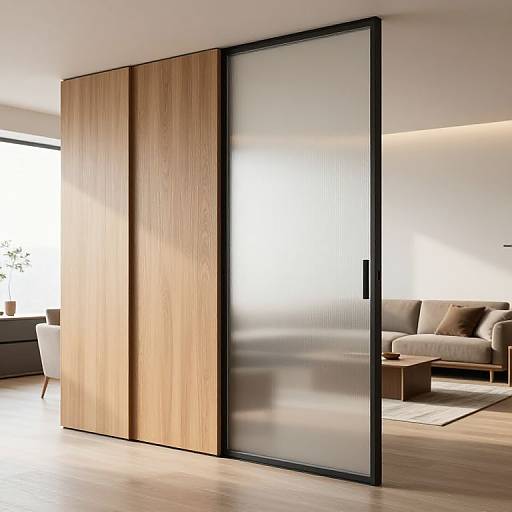 Modern photograph of a wooden and frosted glass sliding wardrobe in a minimalist living room with beige sofa, wooden floor, and bright natural light.