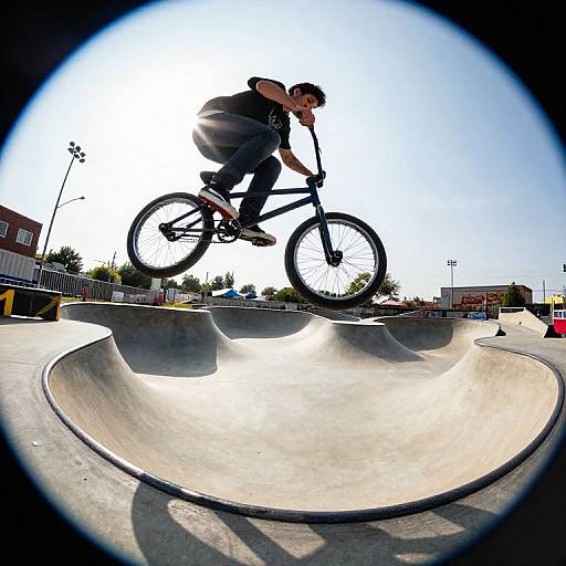 Photograph of a male skateboarder mid-air, performing a trick above a concrete skate bowl, with a fisheye lens effect. Bright sunlight,
