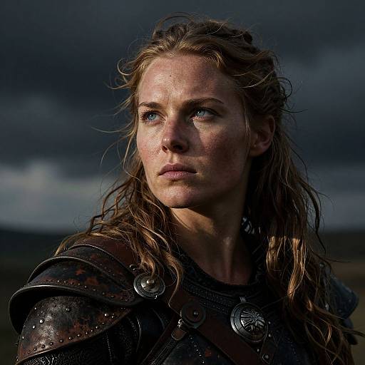 Photograph of a determined, blonde, blue-eyed woman with wet hair, wearing dark, weathered, metal armor against a stormy, dark sky