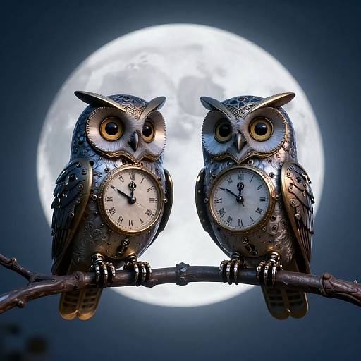 Clockwork Owls Beneath Moonlight Glow