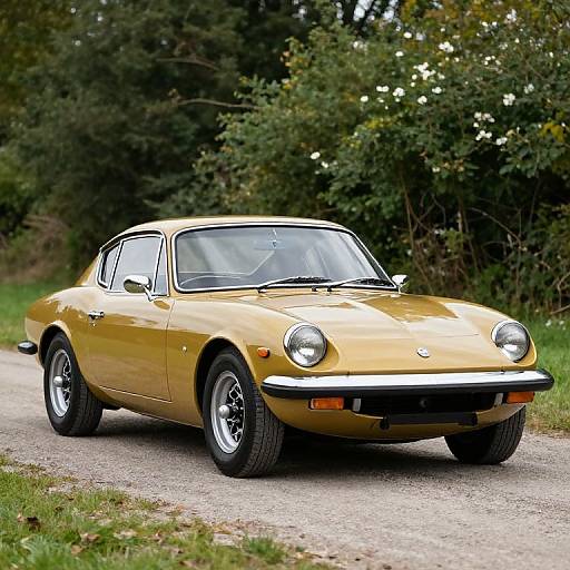 Photograph of a shiny yellow vintage Porsche 911 coupe on a gravel road, surrounded by lush green trees and grass.