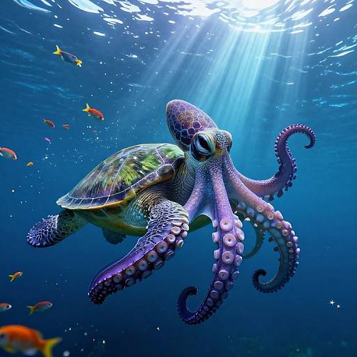 Photograph of a vibrant sea turtle with a purple octopus in the foreground, surrounded by colorful fish, underwater with sunlight filtering through the clear blue water