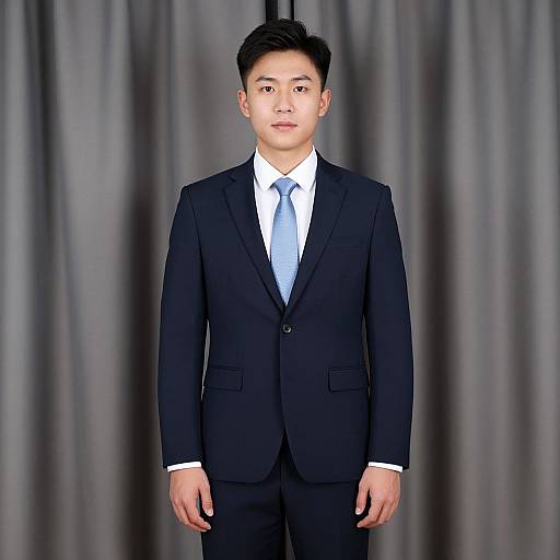 Photograph of a young Asian man with short black hair, wearing a black suit, white shirt, and light blue tie, standing against a gray curtain